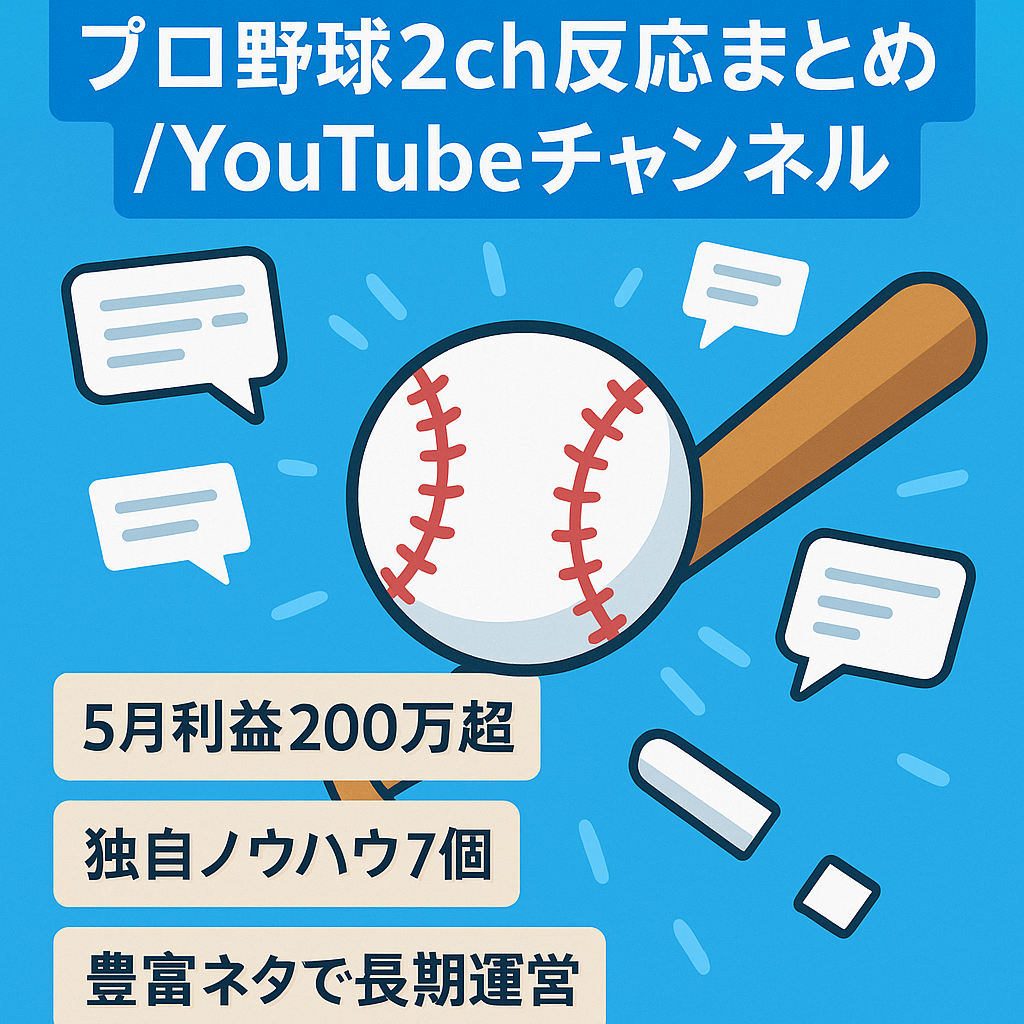 早い者勝ち【5月利益200万円越・ジャンル内No.1チャンネル・完全外注化可能】プロ野球2ch反応まとめ　YouTubeチャンネル