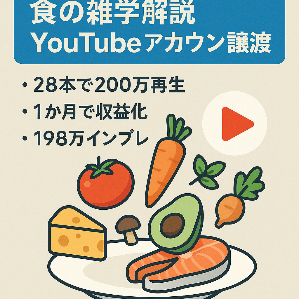 【動画28本で総再生数200万以上、登録者数4900人以上】食の雑学ゆっくり解説【YouTubeアカウントの譲渡】