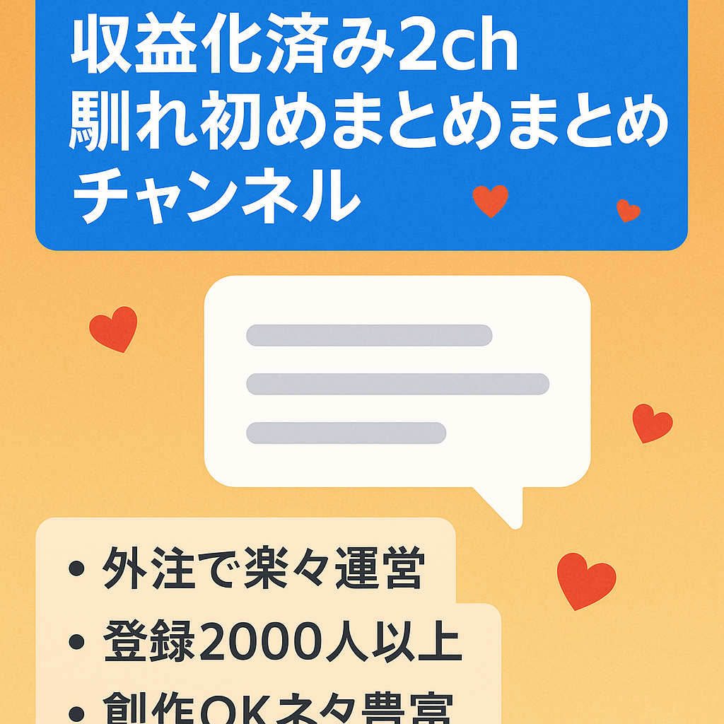 【収益化済み！登録者2000人以上】人気ジャンル「2ch馴れ初め」まとめ系チャンネル【フル外注可能】