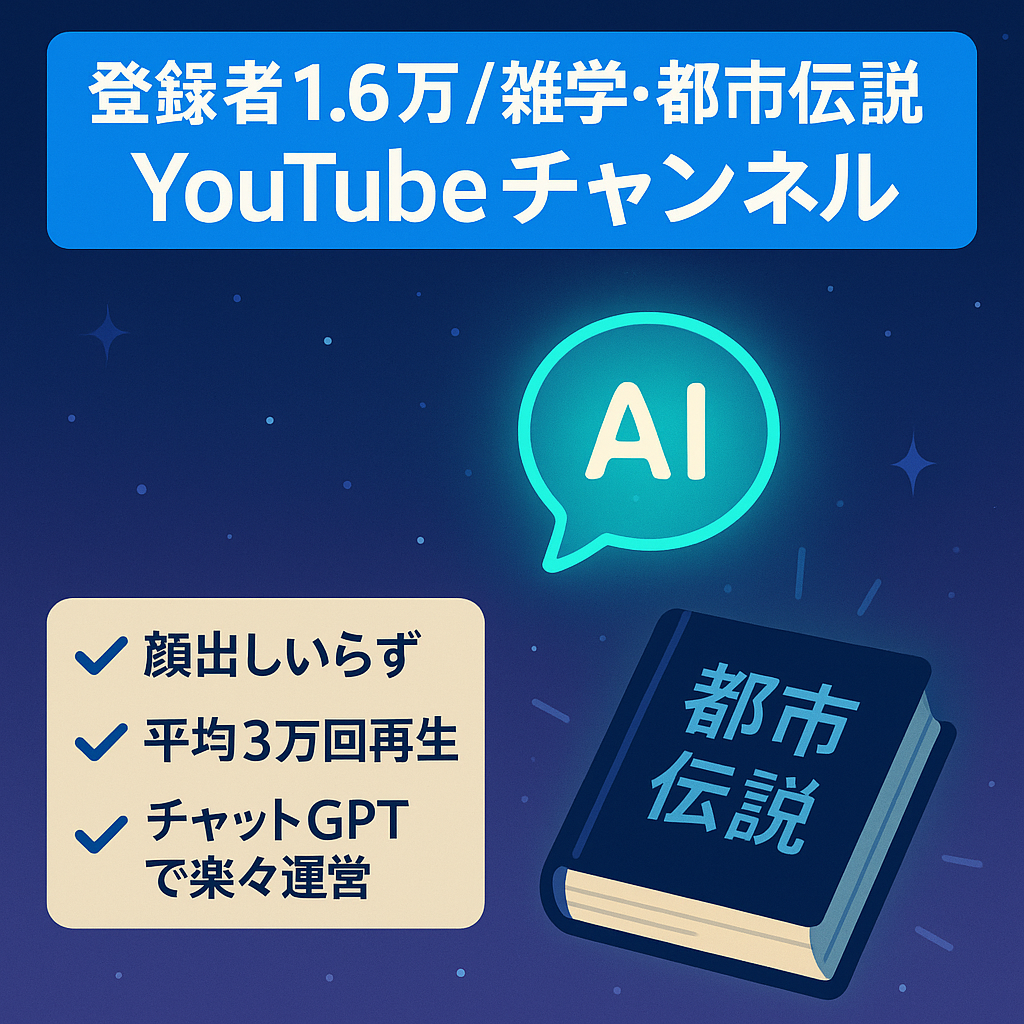 訳あり：【早い者勝ち】チャンネル登録者1.6万人超、生成AIを用いた雑学・都市伝説Youtubeチャンネル：訳あり
