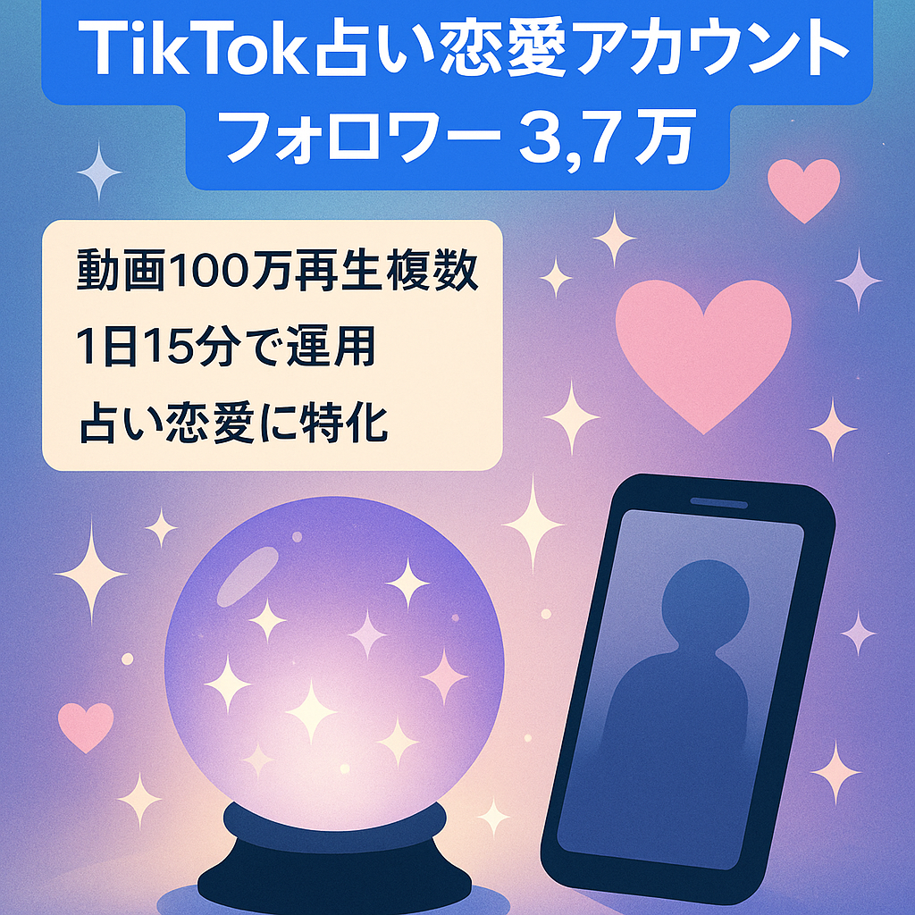 【TikTokフォロワー3.7万以上！収益化済】再生数100万超え動画複数！占い・恋愛系アカウント（属人性なし）