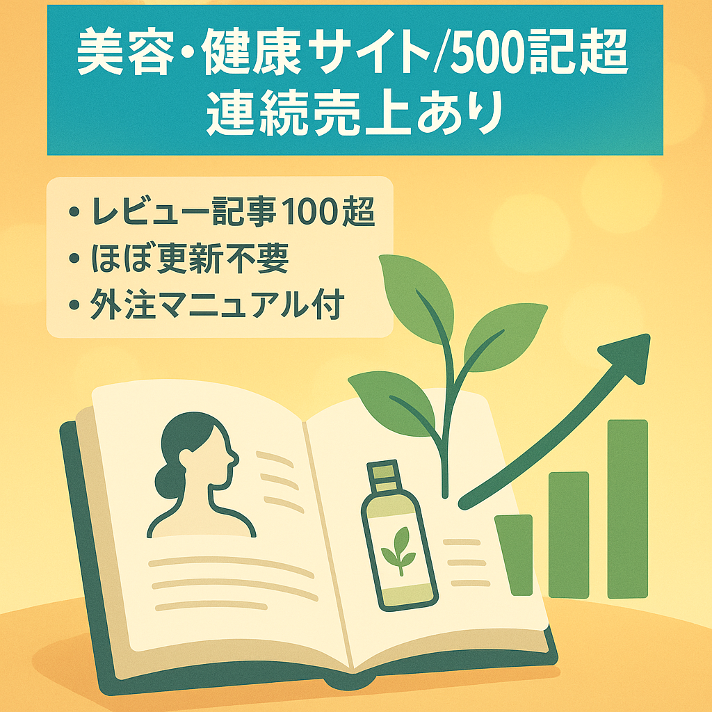 【美容・健康特化メディア】500記事以上で9,000PV！24か月連続売り上げあり・外注マニュアル、キーワードリストプレゼント！ほぼ更新なし・リライトによる成長余地あり！