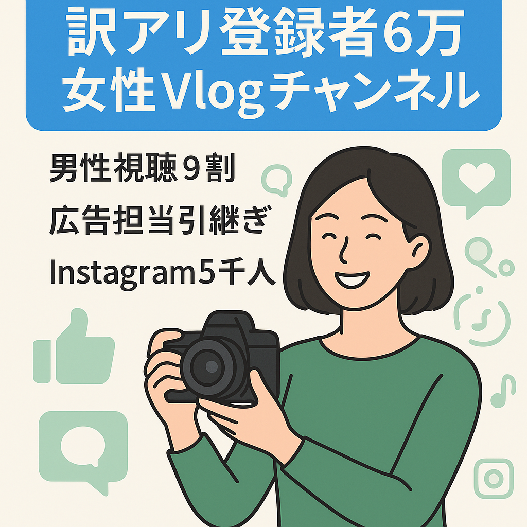 【訳アリ】登録者6万人女性Vlog系チャンネル（フォロワー5000人Instagram付き）