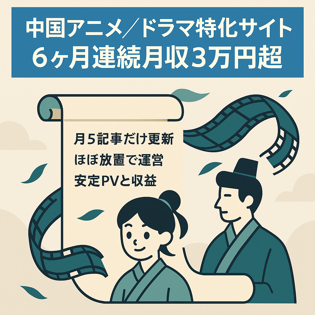 【6ヶ月連続月収3万円越え】中国アニメ・ドラマのプチ特化サイト！月5記事更新でほぼ放置でも安定収益＆PV数