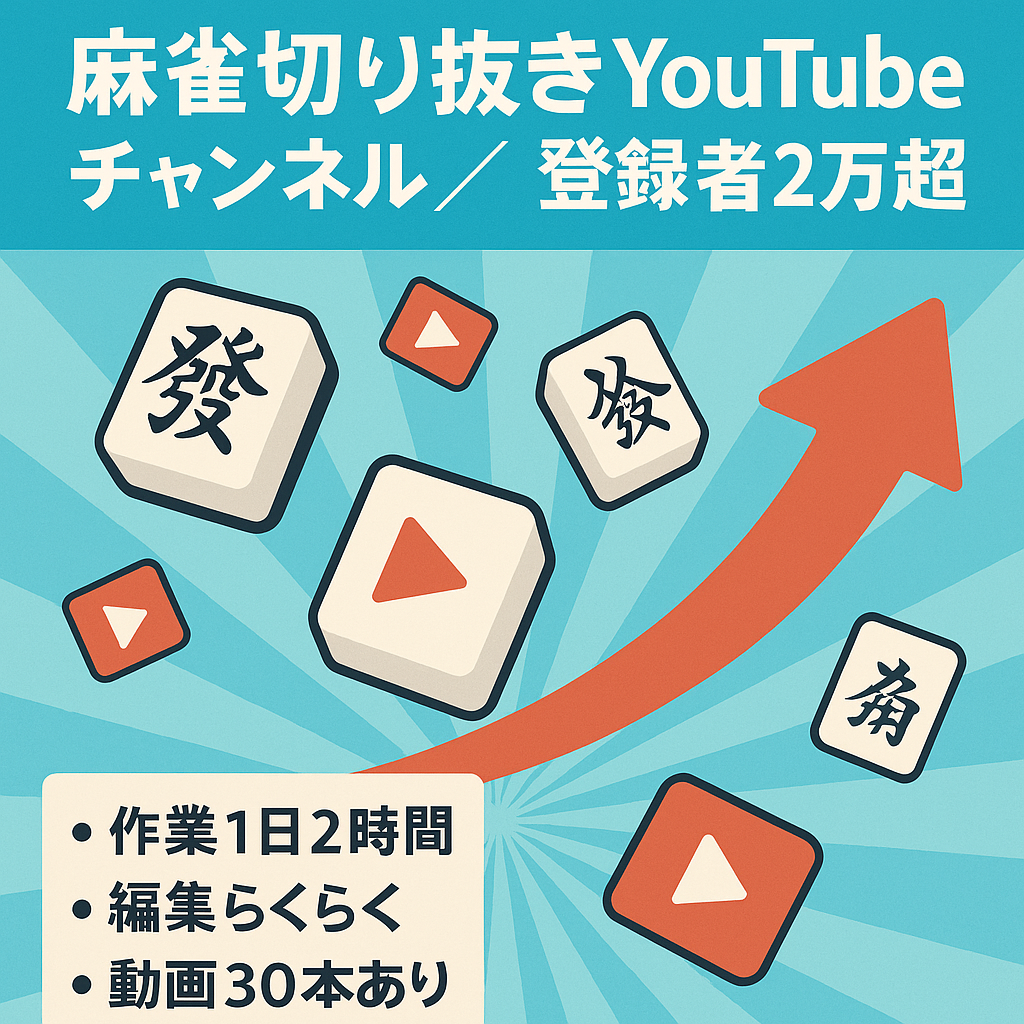 【１～２時間／日作業で月１０万円！】Youtube登録者 ２万人超えの麻雀切り抜きチャンネル！（ストック動画３０本有！）