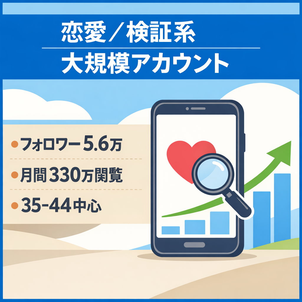 【フォロワー5.6万人】恋愛・検証系特化の大規模アカウント｜月間330万閲覧・男性53%でマッチングアプリ・Web集客に最適