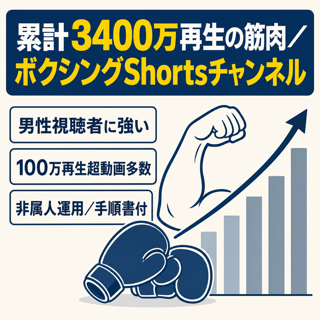 訳あり：【累計3400万再生】筋肉・ボクシング等のスポーツ系Shortsチャンネル｜100万再生超多数・顔出しなし・完全非属人運用・マニュアル付