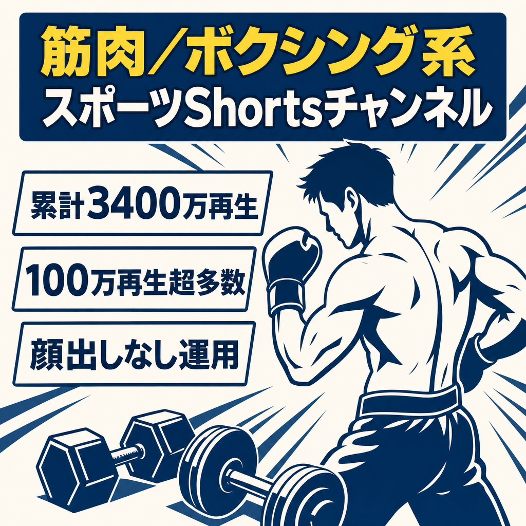 訳あり：【累計3400万再生】筋肉・筋トレ・ボクシング等のスポーツ系Shortsチャンネル｜100万再生超多数・顔出しなし・完全非属人運用・マニュアル付