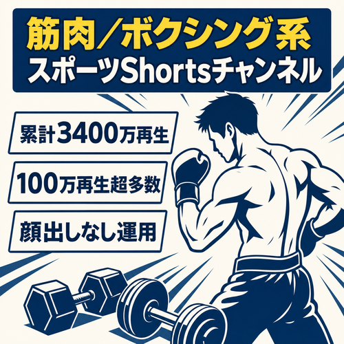 訳あり：【累計3400万再生】筋肉・筋トレ・ボクシング等のスポーツ系Shortsチャンネル｜100万再生超多数・顔出しなし・完全非属人運用・マニュアル付