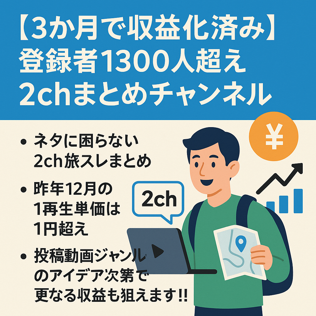 【3か月で収益化済み】登録者１３００人超え　格安早い者勝ち！人気の2chまとめ系 旅スレ【属人性なし】