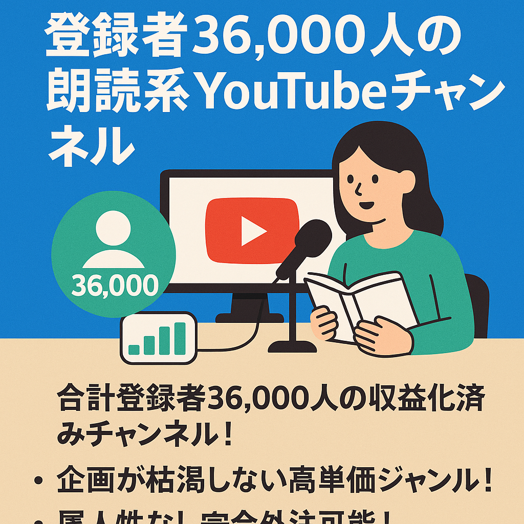【5月売上360万円】登録者36,000人の朗読系YouTubeチャンネルの譲渡 【合計総再生数850万回/完全外注化可能】