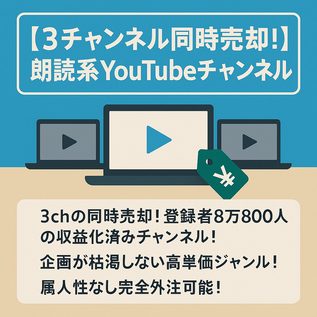 【3チャンネル同時売却！】【合算最高売上月339万円】登録者23,600人の朗読系YouTubeチャンネル＆サブchの譲渡 【合計総再生数2000万回/合計登録者数8万/完全外注化可能】