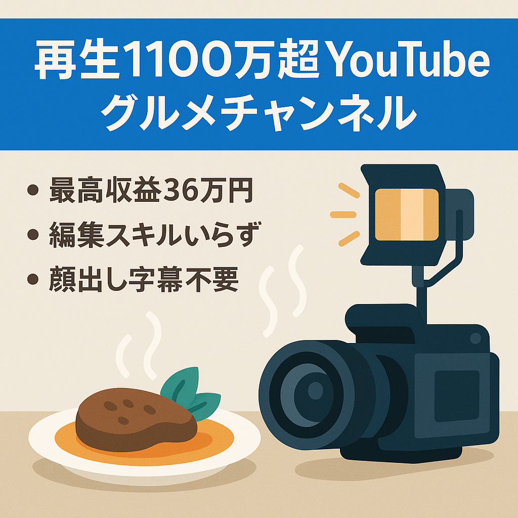 【総再生回数1100万以上・最高収益36万円】顔出し＆字幕不要のグルメ系チャンネル！！