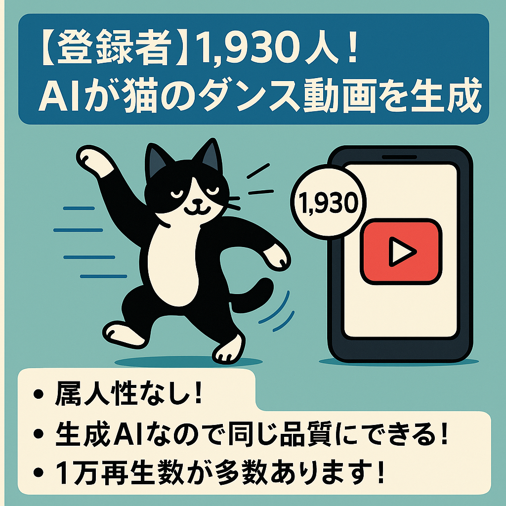 【登録者】1,930人！1万再生以上多数！生成AIを使った猫のダンスYoutubeショート動画！
