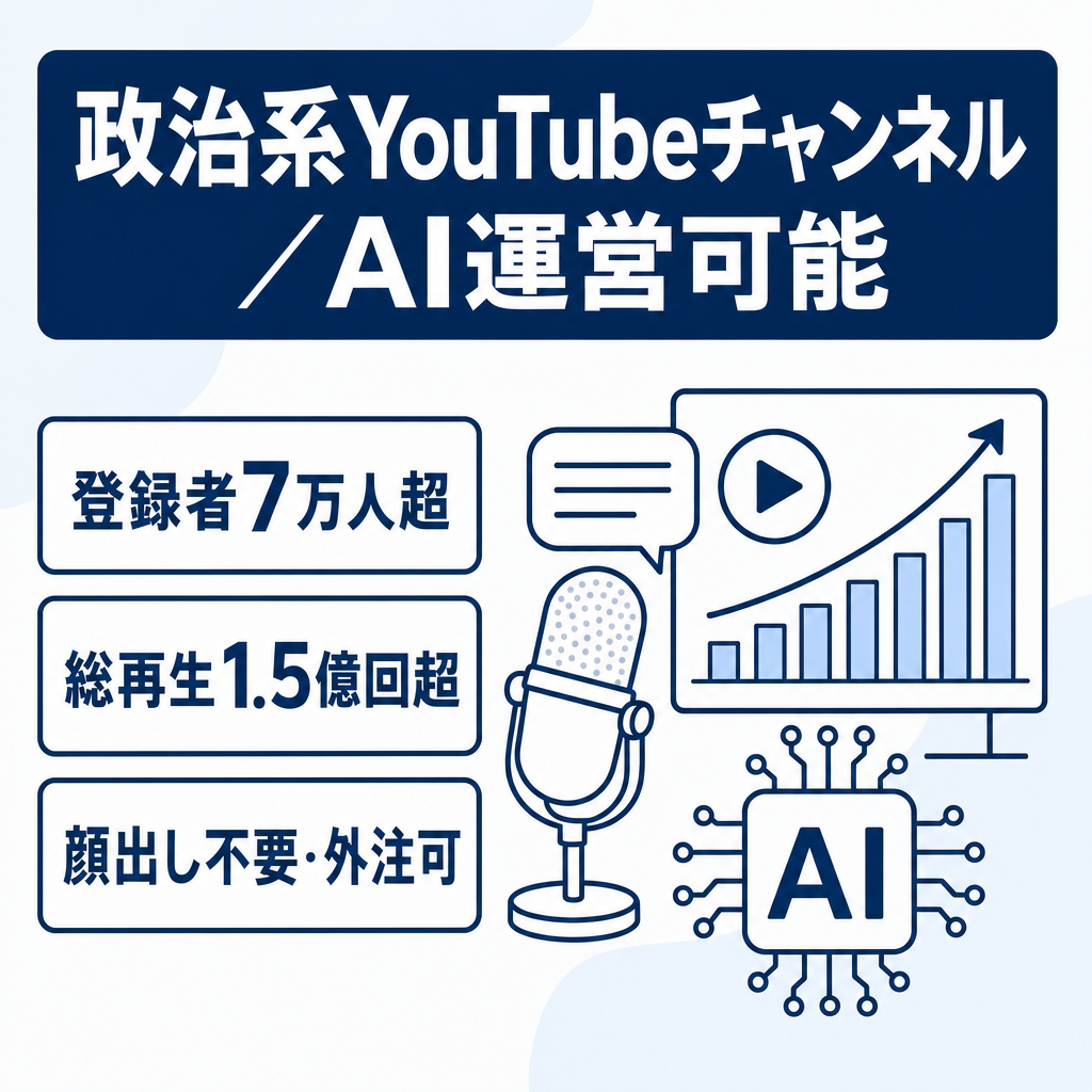 政治系・非属人チャンネル｜登録者7万人超｜総再生1億5,000万回超｜最高月収72万円｜AI運営・外注化可能