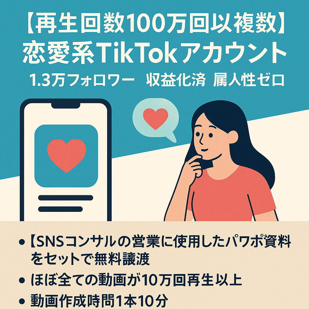 【再生回数100万回以上複数】恋愛系TikTokアカウント 1.3万フォロワー 収益化済 属人性ゼロ