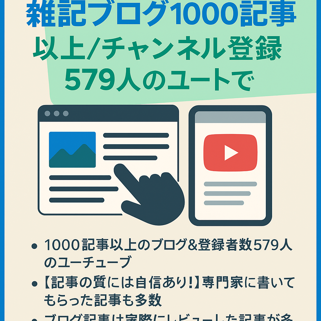 雑記ブログ1000記事以上/チャンネル登録者数579人のユーチューブのセットで