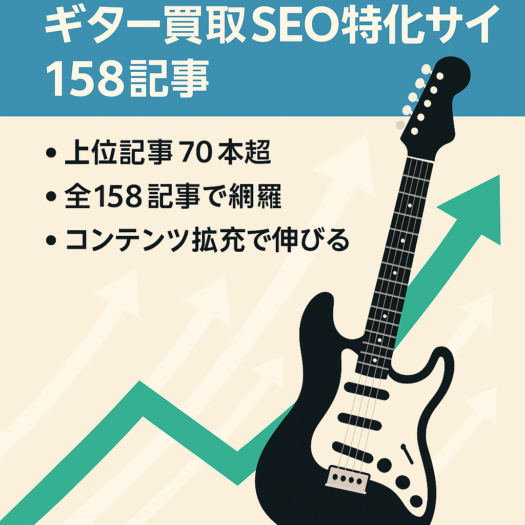 【記事数158記事】「ギター買取×地域名」のキーワードでSEO上位を量産しているサイト