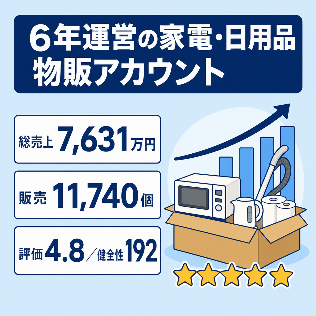 EC事業：【6年以上運用】総売上7,631万円！☆4.8評価・健全性192！多数ブランド規制解除済み！！Amazon物販アカウント・家電 / 日用品