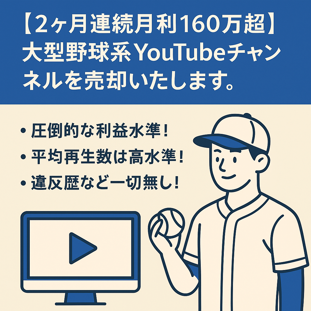 【2ヶ月連続月利160万超】大型野球系YouTubeチャンネルを売却いたします。