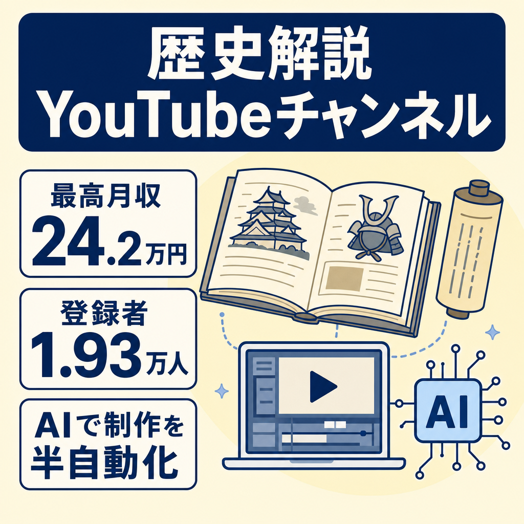 【最高月収24.2万円・登録者1.93万人】AIで制作工程を半自動化｜非属人・歴史解説YouTube｜運営マニュアル付