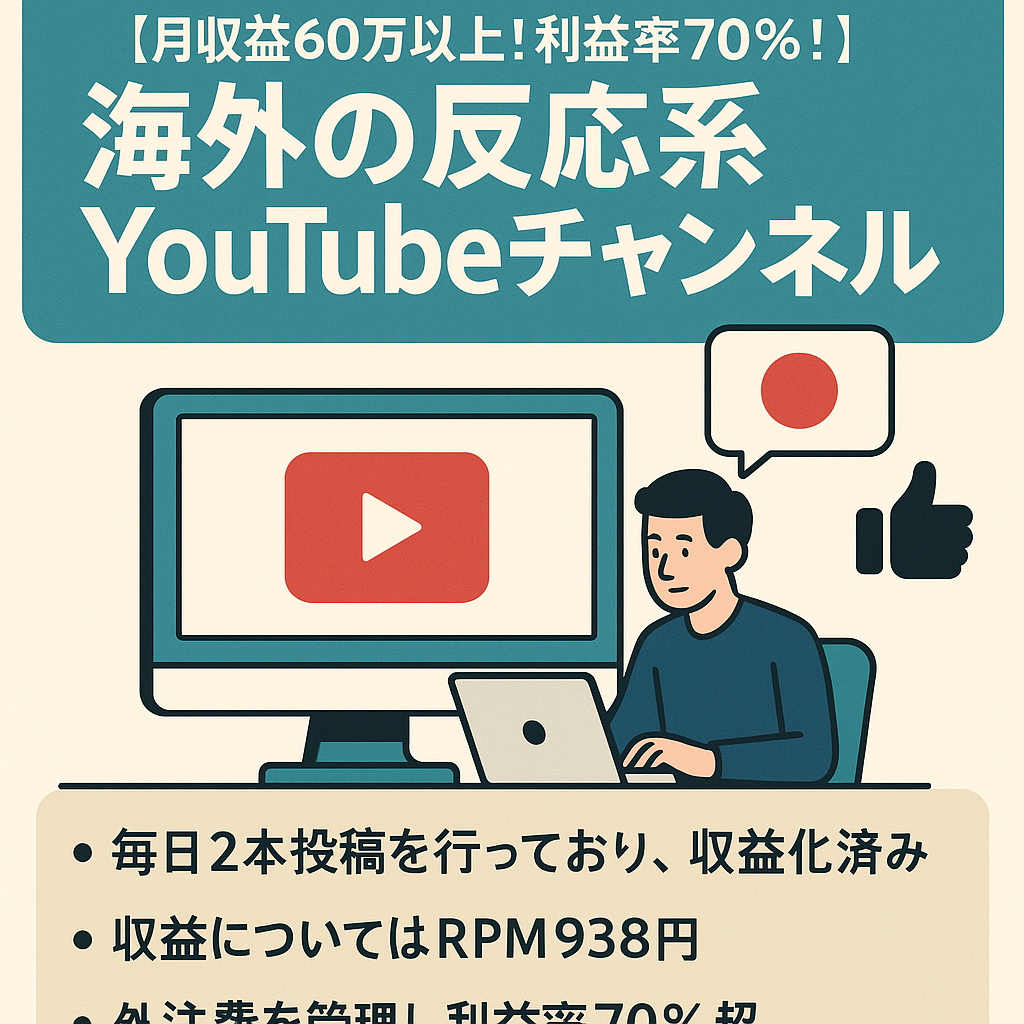 【月収益60万以上！利益率７０％！】日本称賛系の海外の反応チャンネル【登録者7000人以上】YouTubeチャンネルのアカウント譲渡【早期売却希望者優遇】【値段交渉歓迎】
