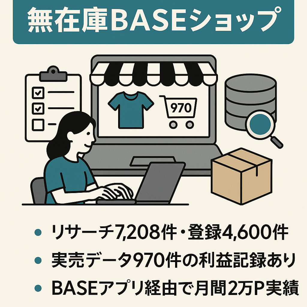 【EC事業譲渡】無在庫BASEショップ 実売970件×総リサーチ7208件！高精度EC商品データバンク＋運営ノウハウ一式