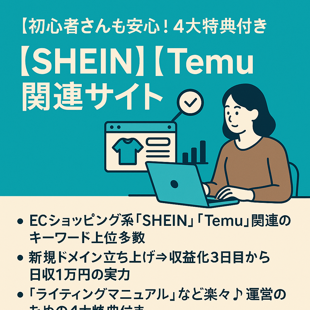 【初心者さんも安心！4大特典付き】中国ECサイト「SHEIN」「Temu」関連キーワード上位多数！少ない記事数でも収益発生中の高品質サイト