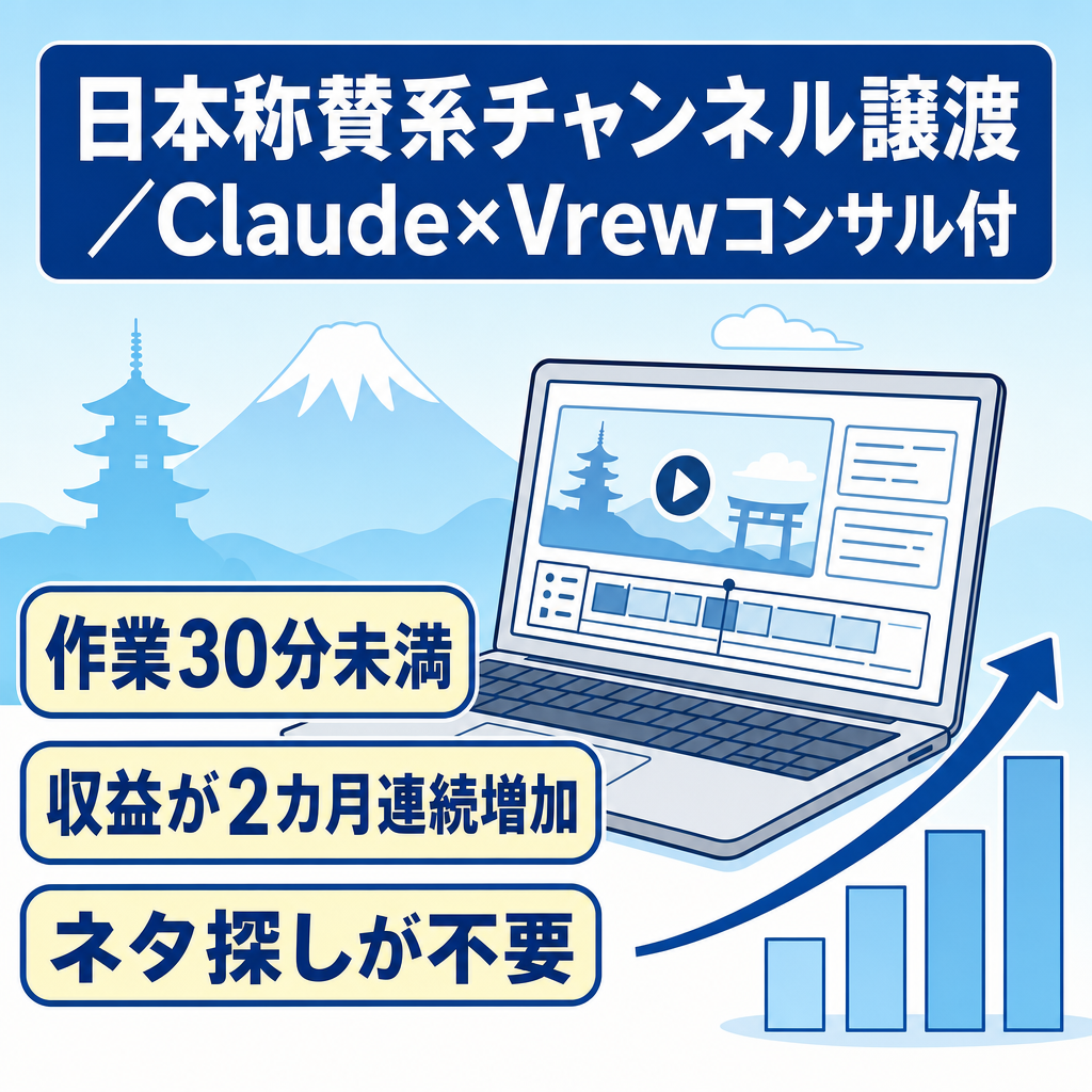 Claud×Vrew運用コンサル付き！！日本称賛系Chのアカウント譲渡