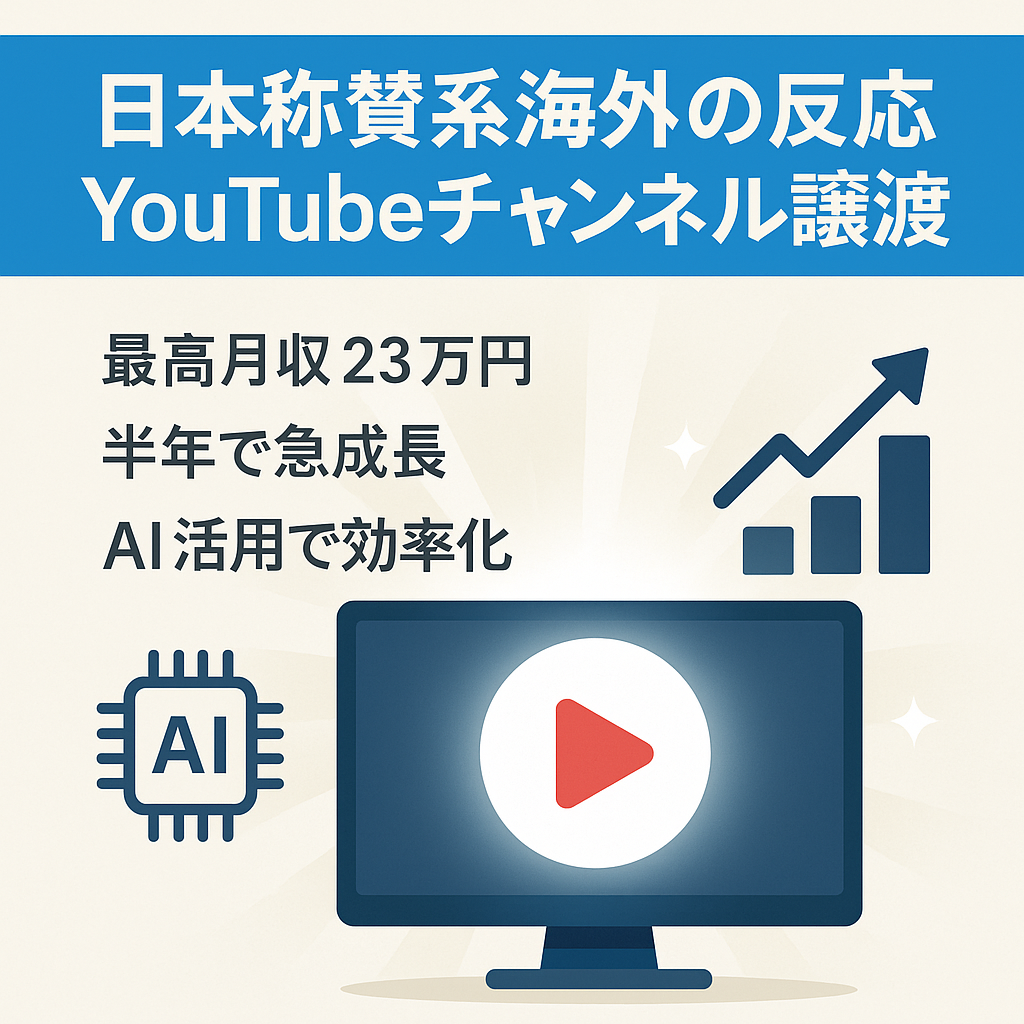 【最高月収23万】運営半年で急成長！人気『日本称賛系・海外の反応』ch譲渡／AI活用（Claude×Vrew）で高効率／30万円の格安譲渡