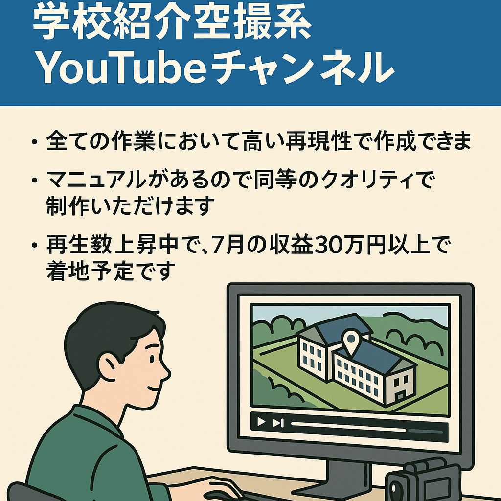 【6月利益20万】Google Earthを活用した学校紹介空撮系YouTubeチャンネル（初心者歓迎、台本＆編集マニュアル譲渡、ライター編集者採用済み)