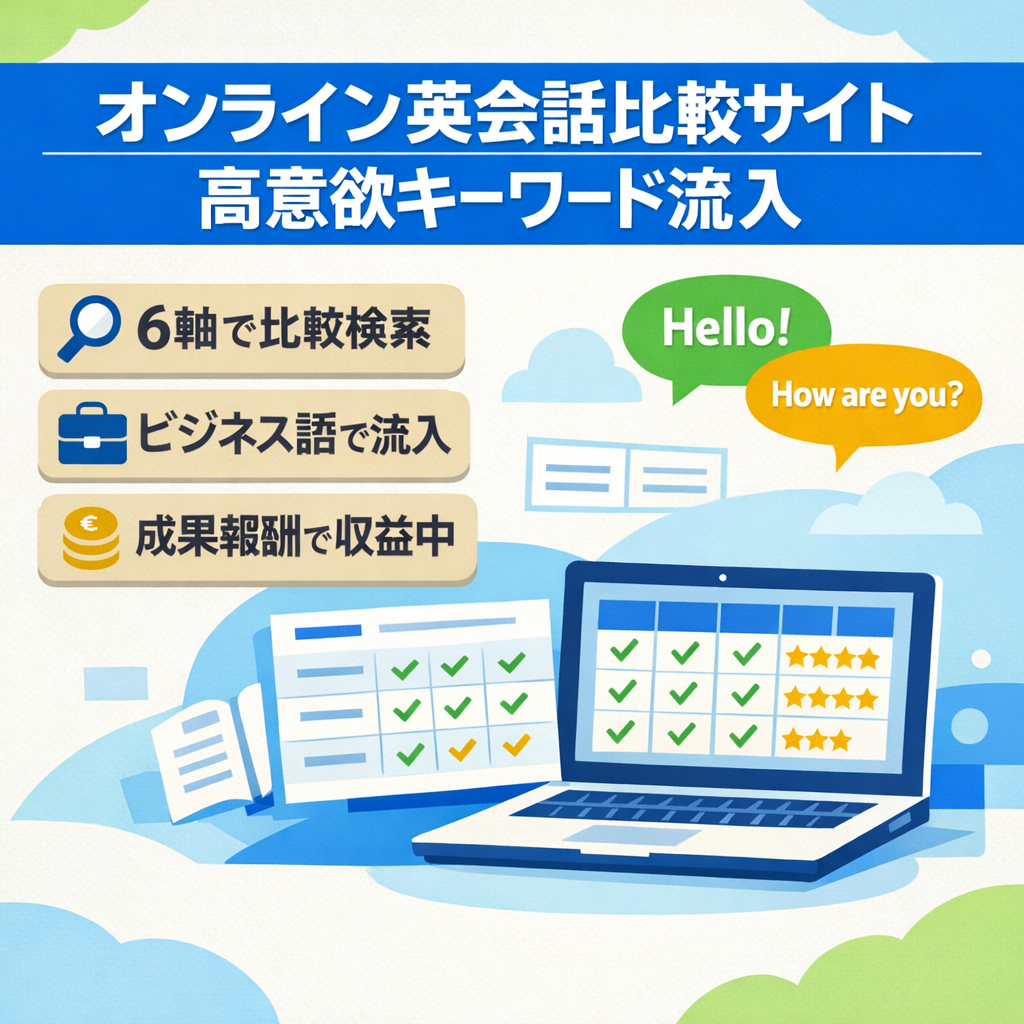 【オンライン英会話比較】比較サイト｜購入意欲の高いキーワードで流入｜アフィリエイト収益中