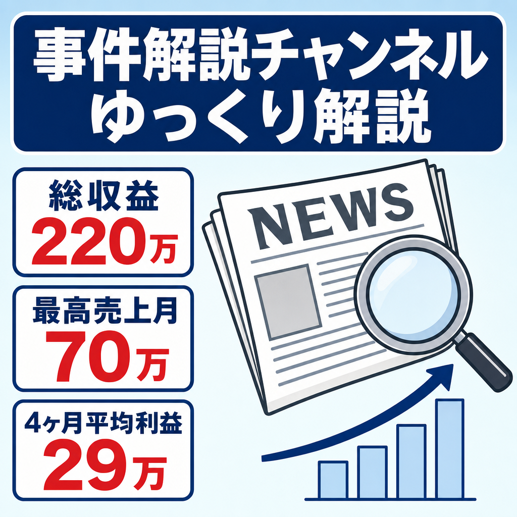 【総収益220万】【最高売上月70万】事件解説系チャンネル・非属人・ゆっくり解説・週2投稿・人気ジャンル