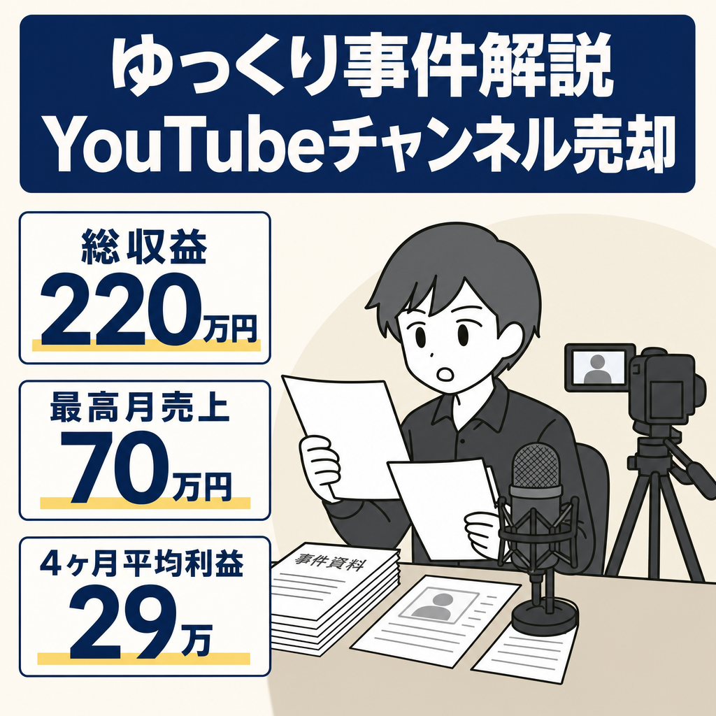 【総収益220万】【最高売上月70万】事件解説系チャンネル・非属人・ゆっくり解説・週2投稿・投稿少なめ
