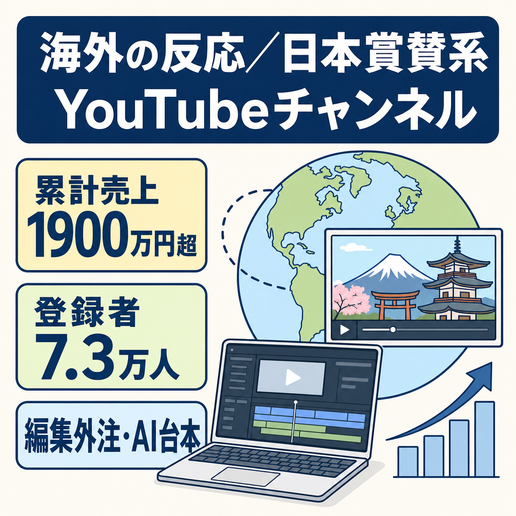 チャンネル設立後1年8か月で収益額累計1900万円超/登録者7.3万人達成！動画編集外注化済み！シナリオ作成はAI使用！海外の反応日本賞賛系チャンネル