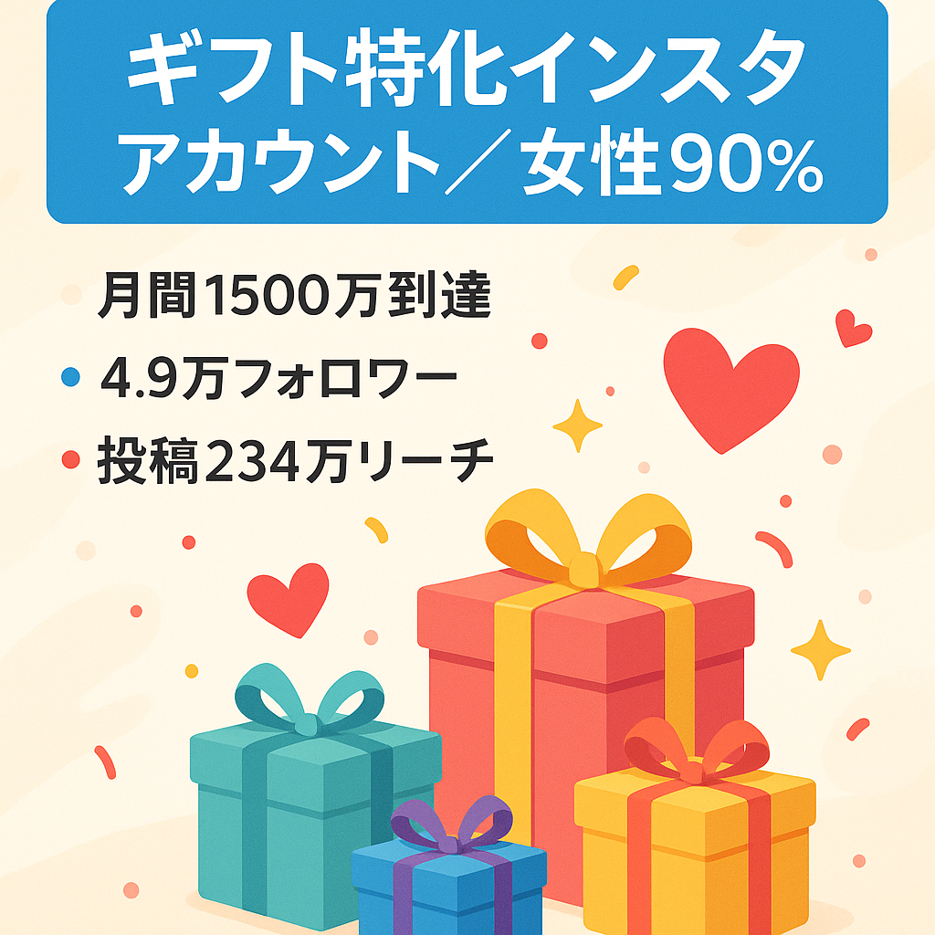 【月間最高リーチ1,500万(過去実績)】女性が90% のギフトに特化したインスタアカウント4.9万