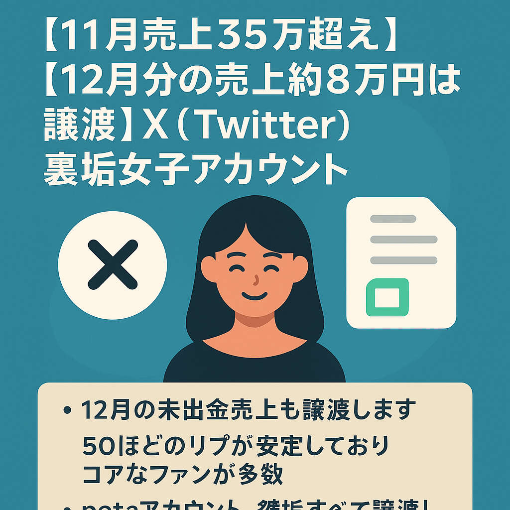 【11月売上35万超え】【12月分の売上約8万円は譲渡します】X（Twitter）裏垢女子アカウント / noteアカウント+記事も譲渡【ファン化済｜属人性低】
