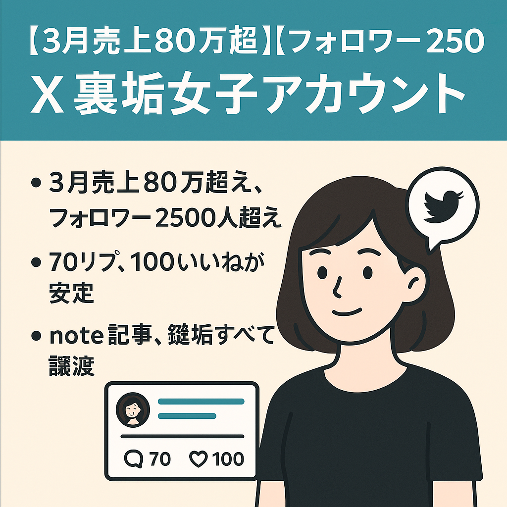 【3月売上80万超え】【フォロワー2500人超え】X（Twitter）裏垢女子アカウント / noteアカウント+記事も譲渡【ファン化済｜属人性低】