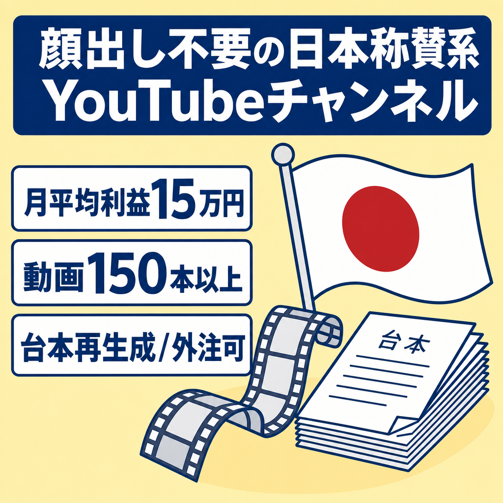顔出し不要の日本称賛系YouTubeチャンネル｜月平均15万円利益・150本以上資産付き