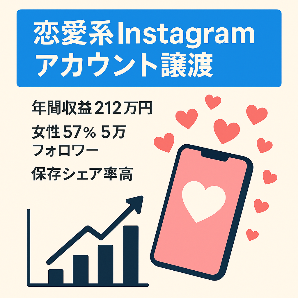 【年間収益212万円超】恋愛系Instagramアカウント｜フォロワー5万人｜女性比率57%・アフィリエイト100%