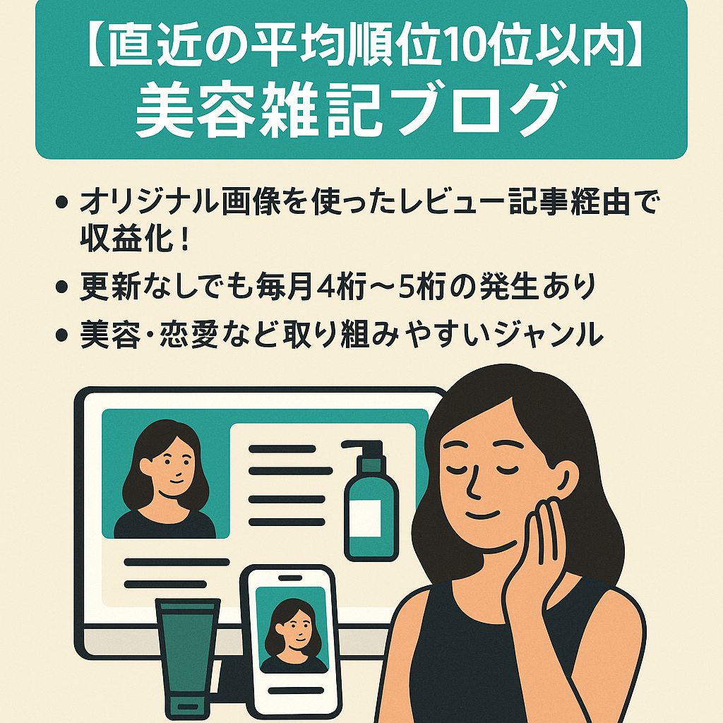【直近の平均順位10位以内】オリジナル写真使用のレビュー記事経由で半年ほぼ放置でも毎月発生あり！美容・自分磨き+恋愛の雑記ブログ