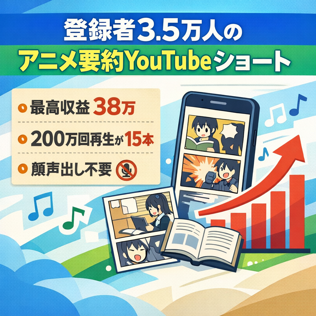 【最高収益38万円・登録者数3.5万人・200万回再生超え複数！】顔・声出しナシ/アニメの要約YouTubeショート【楽曲収益&TikTok収益有】