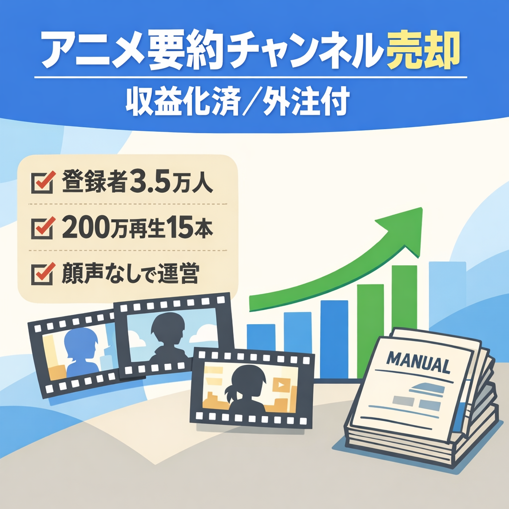 【登録者3.5万人超】顔・声出し不要のアニメ要約チャンネル／外注チーム・マニュアル付／200万回再生超え動画複数／収益化済み