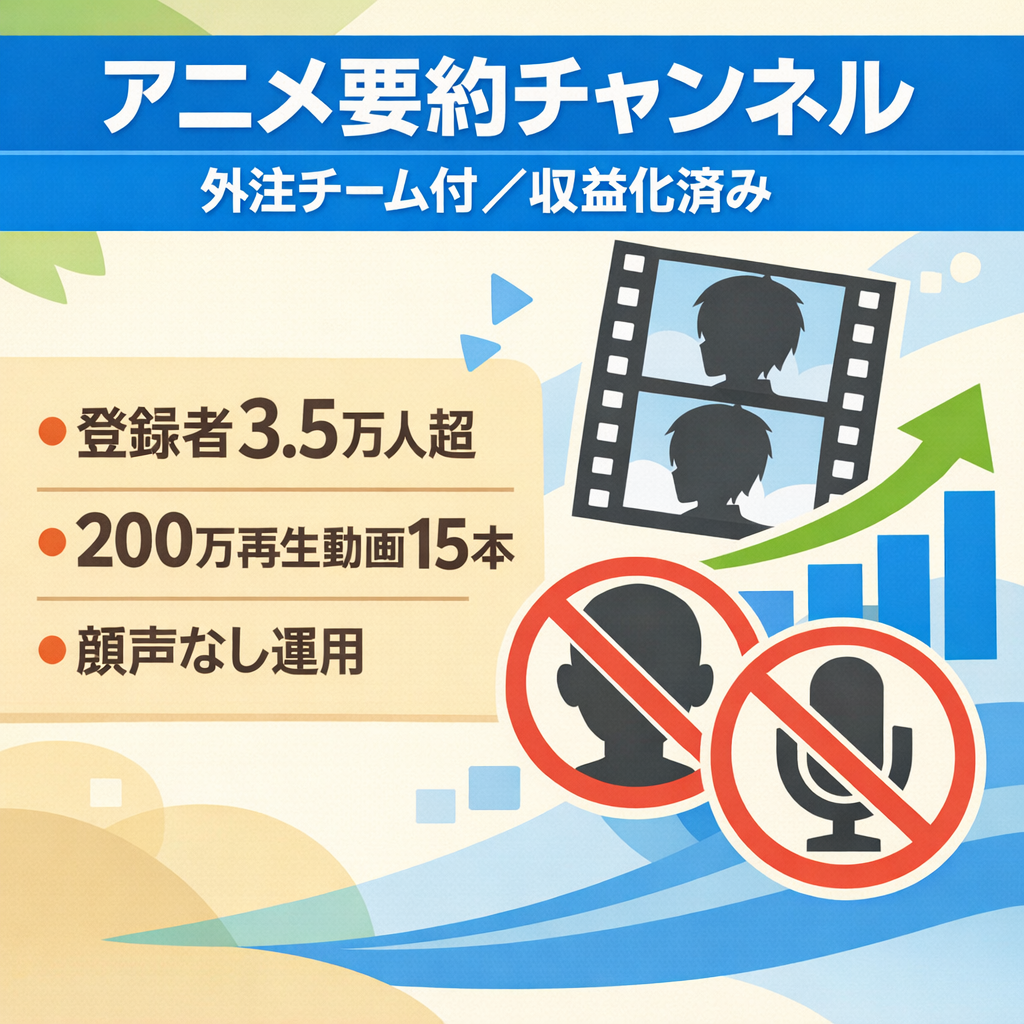 【登録者3.5万人超】顔・声出し不要のアニメ要約チャンネル／外注チーム・マニュアル付／200万回再生超え動画複数／収益化済み