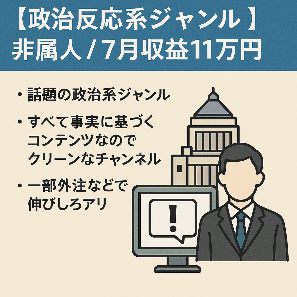 【政治反応系ジャンル】非属人 / 7月収益11万円 / 再現性の高い人気ジャンル / 価格交渉可