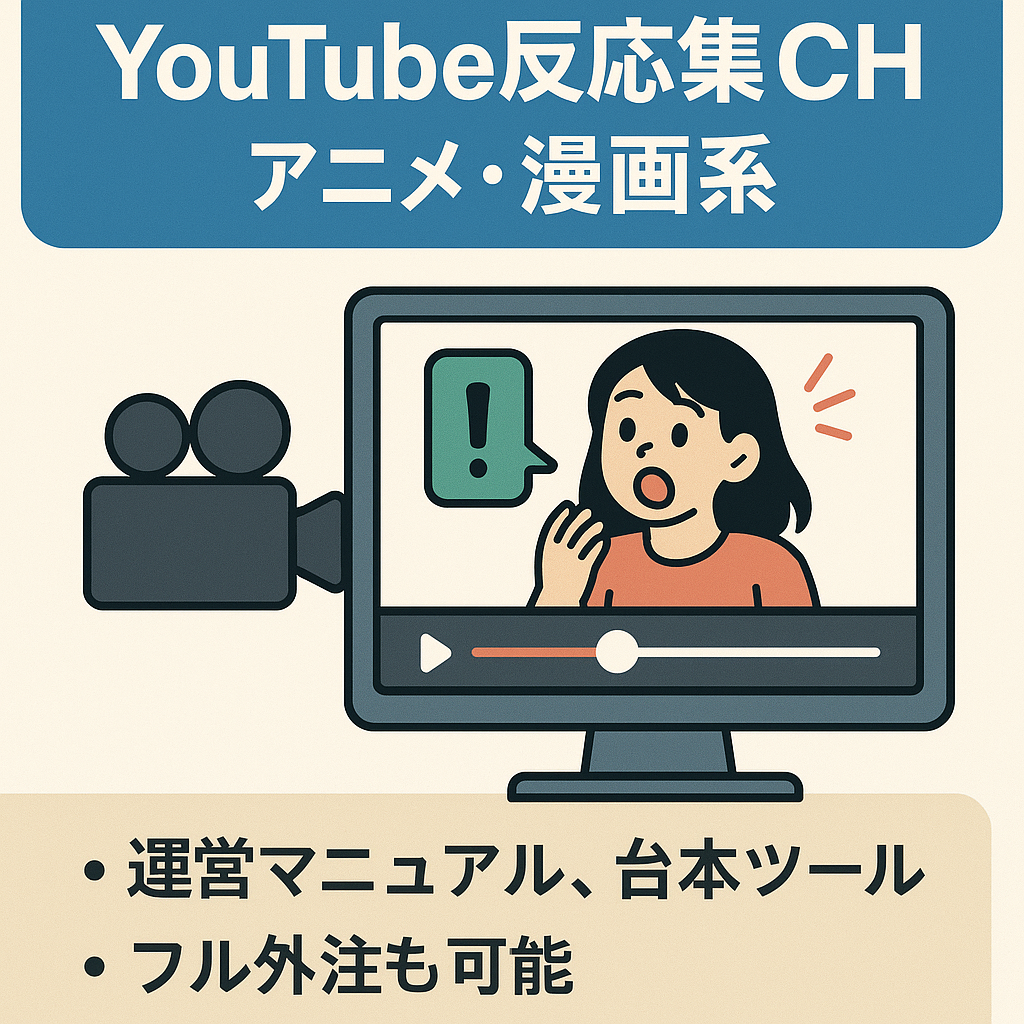 【1動画60分 / 副業に最適】YouTube反応集CH / 20~30万を推移 / マニュアル、ツールあり / 登録者2万人超え！ / アニメ漫画系