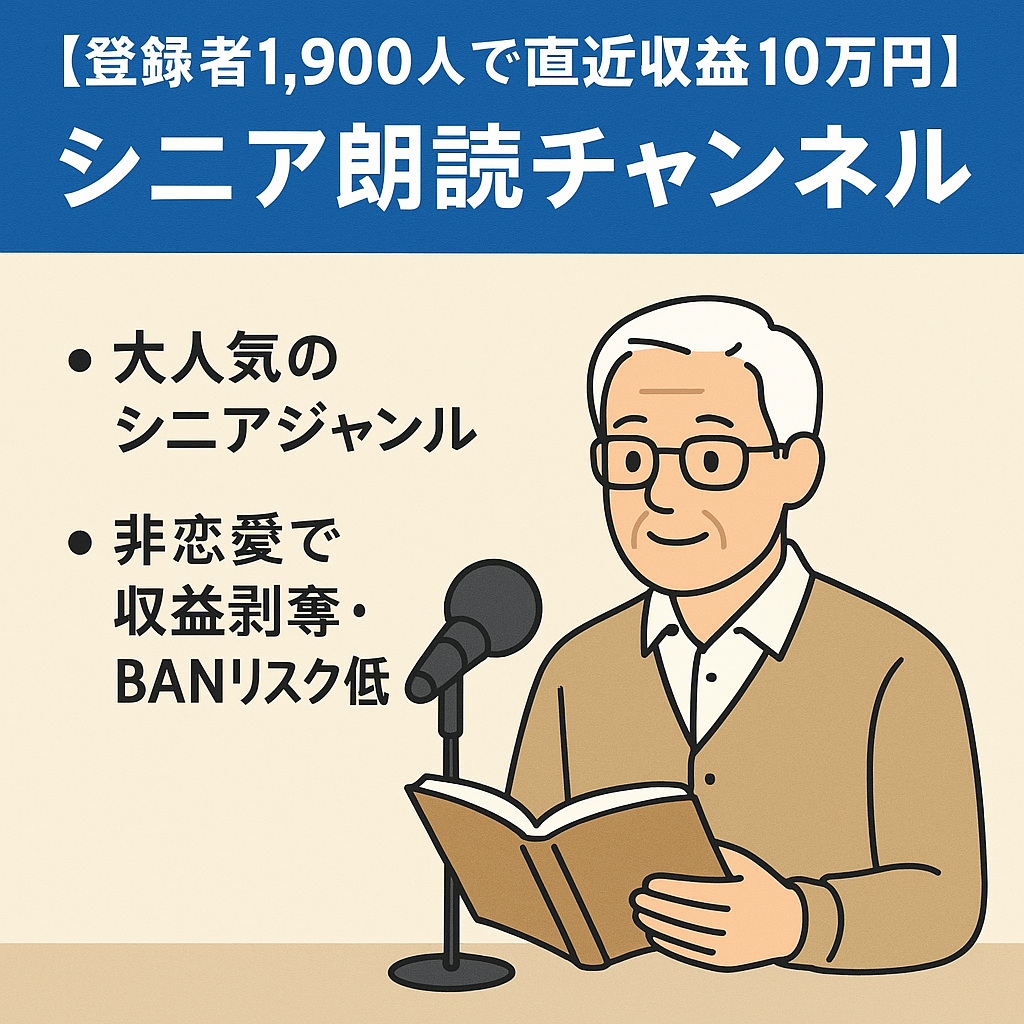 【登録者1,900人で直近収益10万円】大人気ジャンル「シニア朗読」 | 非恋愛のため収益剥奪・BANリスク低