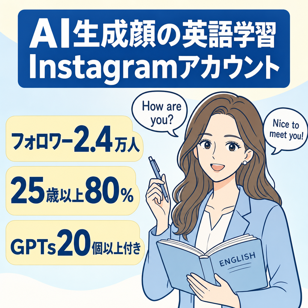 【フォロワー2.3万人】AI×英語学習Instagramアカウント｜AI生成の顔出し画像を丸ごと譲渡｜英語学習者向けオリジナルGPTs20個以上のコンテンツ資産つき
