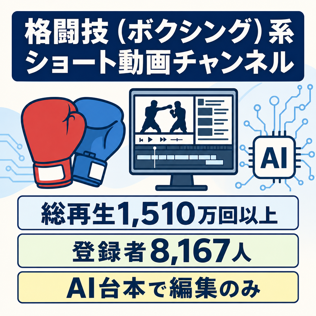 【1人でも運営可能・ショート動画・AIでの台本作成】格闘技(ボクシング)系チャンネル・総再生回数1,510万回以上！【登録者数8,167人】