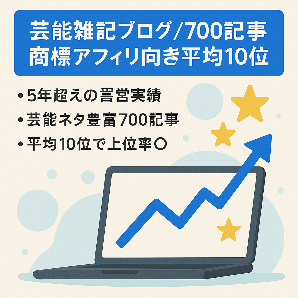 【商標アフィリエイトに最適】【700記事以上】芸能中心の雑記ブログ！【平均順位10位以内&上位表示記事多数】